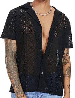 AIEOE Herren Spitze Hemd Kurz Arm Freizeithemd Lace T-Shirt Durchsichtiges Sommerhemd Schwarz Größe L von AIEOE