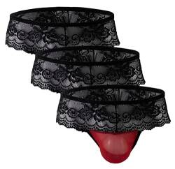 AIEOE Herren Spitze Unterwäsche Sexy Lace Tanga Strings Pouch Underwear Mini Slips Rot x 3 Größe XXL von AIEOE