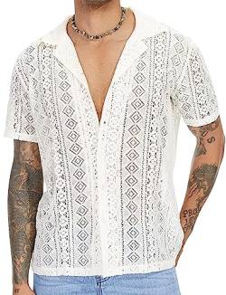 AIEOE Herren T-Shirt Kurzarm Spitzenhemd Atmungsaktive Sommer Oberteil Sexy Clubwear Männer Top Weiß Größe S von AIEOE