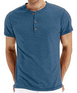 AIEOE Herren T-Shirt mit Henley Kragen Kurzarm Shirt aus Baumwolle für Freizeit Blau XL von AIEOE