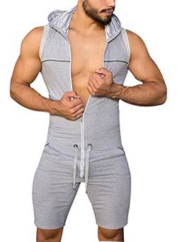 AIEOE Herren Unterwäsche Slim Fit Stretchy Baumwolle Ärmellos Strampler Onesie Overall Jumpsuit Reissverschluss Hoodie T-Shirt und Kurz Hosen von AIEOE