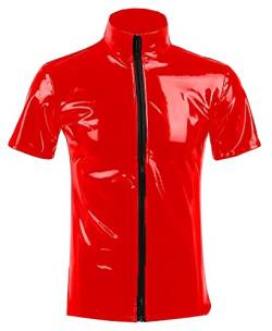 AIEOE Herren Wetlook Jacke Kurzarm PU Leder T-Shirt mit Reißverschluss Sexy Kostüm Lackleder Unterhemd Rot 01 Herstellergröße M/EU Größe S von AIEOE