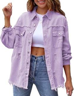 AIEOE Jeansjacke Damen Lang Oversize Übergangsjacke Female Denim Jacket Vintage Zerrissene Jeansjacke Lila Lässige Boyfriend Jeansjacke Mantel S von AIEOE