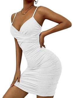 AIEOE Kleid für Damen Eng Kurz Sexy Frau mit V-Ausschnitt und Nacktem Rücken Elegante Kurze Minikleid Elegante Größe L Weiß von AIEOE
