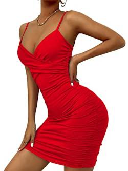 AIEOE Kleid für Damen Eng Kurz Sexy Frau mit V-Ausschnitt und Nacktem Rücken Elegante Kurze Minikleid Elegante Größe XS Rot von AIEOE