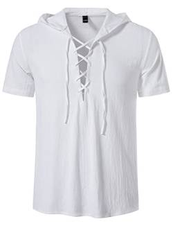 AIEOE Leinenhemd Herren Kurzarm Hoodie Dünn Baumwolle Henley Shirt mit Kapuze Sommer Casual Hemd T-Shirt Atmungsaktiv Leicht Freizeithemd - S von AIEOE