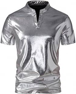 AIEOE Metallic Glänzend Hemd Herren Glitzer Henley Shirt 70er Disco Party Club Wear Slim Fit Nachtklub Freizeithemd - S von AIEOE