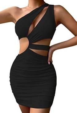 AIEOE Mini Kleid Damen Sommer Sexy One Shoulder Kurzrock mit Hohlem Figurbetonte Kleider Rückenfrei Elegant Größe S Schwarz von AIEOE