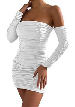AIEOE Mini Kleid Damen mit Trompetenärmeln Lange Hosenärmel Kordelzug und Schnürsenkeln Kleider Sexy Größe L Weiß von AIEOE