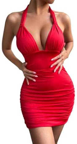 AIEOE Party Kleider Damen Rückenfrei Elegant Amerikanischer V-Ausschnitt Kleid Plissiert Kurz Eng Figurbetonte Größe XS Rot 03 von AIEOE