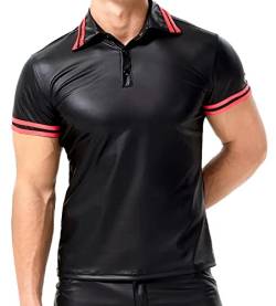 AIEOE Polo Shirt Kunstleder Herrenshirt Kurzarm T-Shirt für Club Bühnen-Show Sexy Outfit Schwarz 09 Herstellergröße XL/EU Größe S von AIEOE