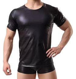 AIEOE Sexy T-Shirt Kunstleder Oberteil Wetlook Shirt Kurzarm Party Outwear Fitness Latex Tops Schwarz 02 Herstellergröße XXL/EU Größe M von AIEOE