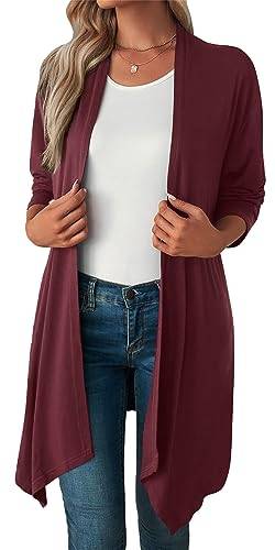 AIEOE Sommerjacke Damen Leicht Langarm Strickjacken Langer Rot Cardigan Casual Offene Dünne Jacke Hoher Niedriger Saum Wasserfall Cardigans XXL von AIEOE