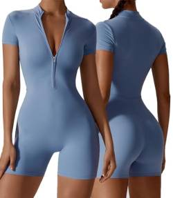 AIEOE--Sport Bodysuit Damen Yoga Playsuit Kurzarm Frauen Gym Jumpsuit Sexy One Piece Bodycon Einteiler Sportanzug 1/2 Zip M Blau von AIEOE