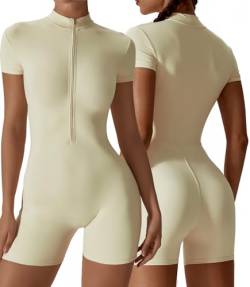 AIEOE Sport Jumpsuit Damen Kurz Eng Yoga Langarm One Piece mit Kragen Reißverschluss Bodysuit Playsuit Y2K Größe S Beige B von AIEOE