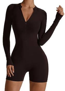 AIEOE Y2K Jumpsuit Damen Kurz Eng Yoga Bodysuit Sexy Strickoverall Overall Langarm mit Reißverschluss Größe L Dunkelbraun von AIEOE