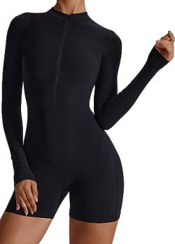 AIEOE Y2K Jumpsuit Damen Kurz Eng Yoga Bodysuit Sexy Strickoverall Overall Langarm mit Reißverschluss Größe L Schwarz von AIEOE