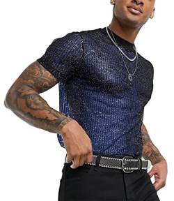 Herren Netzshirt Muskelbetonendes glitzerndes transparentes T-Shirt Sexy Netz-Design Kurzarmhemd für Sommer und Club Wear - XXL von AIEOE