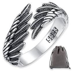 AIFUYUDM Ringe Verstellbar 925 Silber Feder Ringe Frauen Offene Ring Unisex Vintage Angel Ringe Engels Flügel Ring für Damen Frauen Geschenk personalisiert Verlobungsringe Eheringe mit Geschenkbox von AIFUYUDM