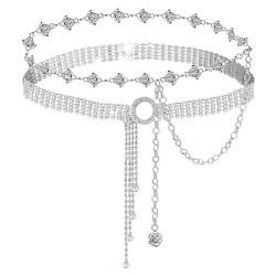 AIGOHOM 2 Stück Frauen Strass Gürtel für Kleid Diamantkette Gürtel Kristall glänzend breiter Gürtel Mode Doppel O-Ring Taillengürtel für Kleider (Silber) von AIGOHOM