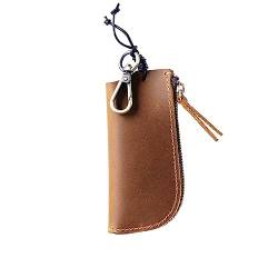 AIGUONIU Schlüssel-Aufbewahrungstasche aus echtem Leder mit Reißverschluss, Vintage-Rindsleder, Autoschlüssel-Schutzhülle, Schlüsselhalter, Braun, 12 cm von AIGUONIU