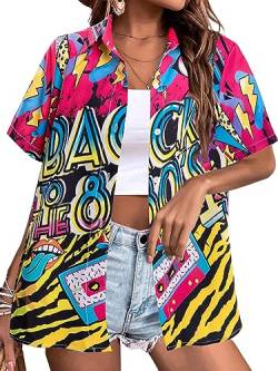 80er 90er Jahre Outfits Shirt Frauen Retro Disco Party Button Up T-Shirt Hawaii Strand Kurzarm Bluse Top, Pink, Mittel von AIIWEIS