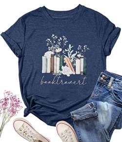 Booktrovert Shirt Frauen Buch Liebhaber Geschenke T-Shirts Lustige Wildblumen Buch Lesen Tee Bücherwurm Kurzarm Tee Top, Dunkelblau, Mittel von AIIWEIS