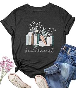 Booktrovert Shirt Frauen Buch Liebhaber Geschenke T-Shirts Lustige Wildblumen Buch Lesen Tee Bücherwurm Kurzarm Tee Top, grau dunkel, Mittel von AIIWEIS