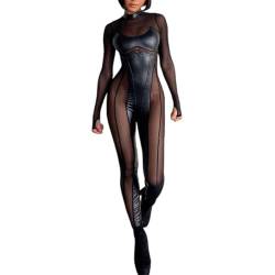 AIKARA Damen Sexy Durchsichtiger Figurbetonter Overall mit Netzstoff Langärmelig Lässig Party Clubwear Yoga Tanzkleidung,Schwarz,S von AIKARA