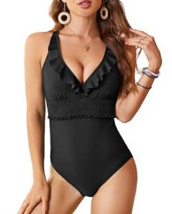 AILLOSA Badeanzüge für Damen Badeanzug Bauchweg Modern Badeanzug Rüschen V Ausschnitt Bademode Swimsuit von AILLOSA