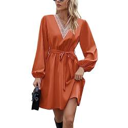 AILLOSA Sommerkleid für Frauen, einfarbig, V-Ausschnitt, langärmlig, einreihig, Midikleid, Orange, Large von AILLOSA