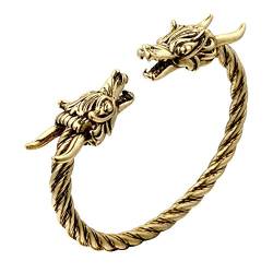 Wikinger Drachenkopf Armreif, AILUOR Einzigartiges Design Drachen Herren Armband Edelstahl Verdrehten Stahlkabel Armreif Keltischer Knoten Manschette - Elastische Verstellbare (Gold-1) von AILUOR