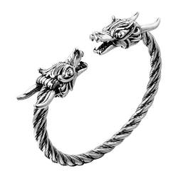 Wikinger Drachenkopf Armreif, AILUOR Einzigartiges Design Drachen Herren Armband Edelstahl Verdrehten Stahlkabel Armreif Keltischer Knoten Manschette - Elastische Verstellbare (Silber-1) von AILUOR