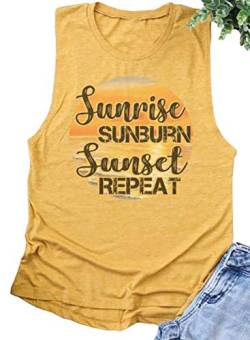 AIMITAG Sunrise Sunburn Sunset Repeat T-Shirt Country Music Tank Tops Damen Letter Graphic Shirts Sommer Urlaub Tops - Gelb - X-Groß von AIMITAG