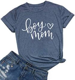 Boy Mom Shirt Tees Tops für Frauen Mama Life Herz Grafik T-Shirt Brief Druck Kurzarm Casual Mama Geschenk Shirts Tee - Blau - Klein von AIMITAG