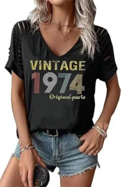 T-Shirt zum 50. Geburtstag, Vintage-Stil, 1973, Originalteile, T-Shirt für Damen, Buchstabendruck, Retro, Geburtstag, lässiges T-Shirt, Schwarz 3, Groß von AIMITAG