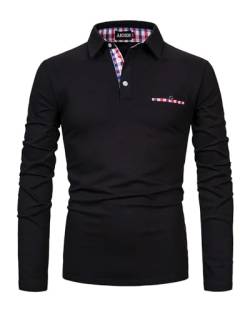 AIOIDI Herren Plaid Baumwolle Poloshirt Langarm Basic Tennis Polohemd Polo Schwarz XXL von AIOIDI