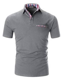 AIOIDI Poloshirt Herren Kurzarm Basic T-Shirt Freizeit Plaid spleißen Polohemd Grau-Fake Pocket XL von AIOIDI