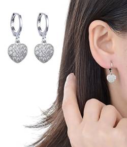 925 Sterling Silber Ohrringe Damen Creolen mit Anhänger Herz Ohrringe Hängend Silber Creolen Klein Durchmesser 14mm Ohrringe für Damen Frauen Mädchen von AIQPZ