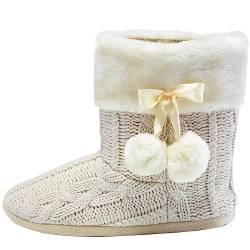 Hausschuhe Damen Pantoffeln Stiefel Schuhe mit weichen Pom Poms Slippers Airee Fairee, Gr. EU 38-39/Medium, Beige von AIREE FAIREE