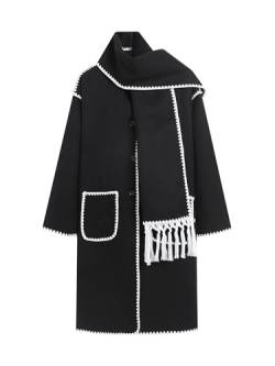 AIRMOOD Women Warm Wool Embroidery Jacket Coat, Tassel Scarf Collar Single Breasted Long Winter Coat with Pockets, Long Sleeve Loose trench coat,Schwarz,S von AIRMOOD