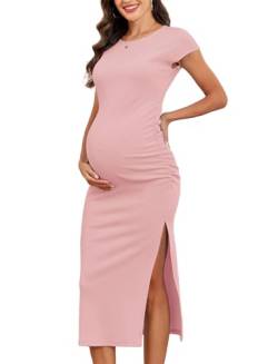 AISWI 2024 Sommer Damen Umstandskleid Kurzarm Rüschen Schwangerschaft Kleidung Fein gerippt Baby Shower Kleider, Pink, Mittel von AISWI