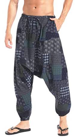 AITFINEISM Herren Harem Hippie Pants Baggy Boho Gemustert Niedriger Schritt Lounge Wide Leg Hose für Yoga Sommer Strand (Blau-1,3XL) von AITFINEISM