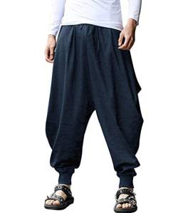 AITFINEISM Männer Haremshose Bequeme Elastische Taille Hosen Mode Einfarbig Casual Yoga Hippies Hosen (Navy,XL) von AITFINEISM