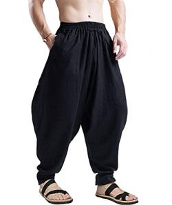 AITFINEISM Männer Haremshose Bequeme Elastische Taille Hosen Mode Einfarbig Casual Yoga Hippies Hosen (Schwarz 2,S) von AITFINEISM