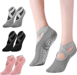 AIVORO 3 Paare Yoga Socken, Pilates Socken, Yogasocken mit Kreuzgurten, Yoga Socken Damen 35-38/39-42, Antirutschsocken Damen Sind Geeignet für Yoga, Tanzsocken und Fitness (Schwarz/Grau/Rosa) von AIVORO