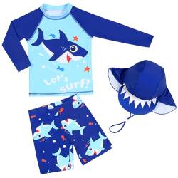 AIWUHE Achwimmshirt Kinder Uv-Schutz Bade-Set zweiteilig Schwimmshirt Badehose Langarm Haifisch-Muster T-Shirt mit Badekappe Blauer Hai 120 von AIWUHE