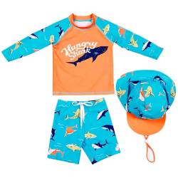 AIWUHE Achwimmshirt Kinder Uv-Schutz Bade-Set zweiteilig Schwimmshirt Badehose Langarm Haifisch-Muster T-Shirt mit Badekappe Orangenhai 120 von AIWUHE