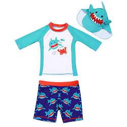 AIWUHE Baby Junge Zwei Stück Cartoon Badeanzug Schwimmbekleidung mit Hut Sonnenschutz Schwimmanzug Bade-Set, Blau, 100 von AIWUHE