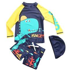 AIWUHE Badehose Jungen Schwimmshirt Kinder UV Schutz Badeset mit Badekappe Cartoon Langarm Dino Dunkelblau 122-128 von AIWUHE